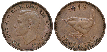 Великобритания 1 фартинг 1945 Георг VI (1936-1952) KM 843, Spink 4116 бронза 4609-1055