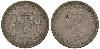 Австралия 6 пенсов 1912 Георг V (1910-1936), герб Австралии, редкий год KM 25 серебро 272-531