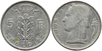 Бельгия 5 франков 1949 Belgie, Леопольд III (1934-1951) KM 135.1 медно-никель 4395-517