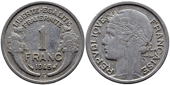 ФРАНЦИЯ 1 ФРАНК 1945 C KM 885a.3 алюминий 4393-1137
