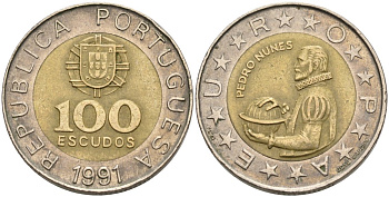 Португалия 100 эскудо 1991 Педру Нуниш (1502-1578), математик KM 645.1 биметалл 4571-953