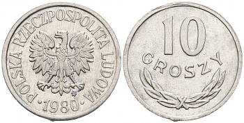 ПОЛЬША 10 ГРОШЕЙ 1980 MW KM АА47 алюминий UNC 99-1014