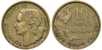 Франция 10 франков 1952 петух KM 915.1, Le Franc 363.4 алюминиевая бронза 51-2516