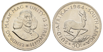 ЮАР 50 центов 1964 Ян ван Рибек, газель KM 62 серебро UNC 1515-1431