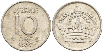 Швеция 10 эре 1959 Густав VI Адольф (1950-1973) KM 823 серебро 4147-924