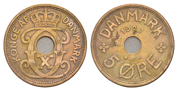 Дания 5 эре 1927 HCN, Кристиан X (1912-1947) KM 828 бронза 4657-231