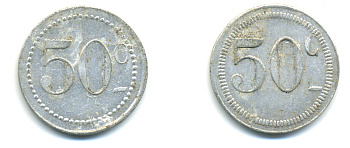 ФРАНЦИЯ 50 САНТИМОВ НАЧАЛО XX ВЕКА d 24 мм, вес около 1,0 гр., платежный жетон алюминий 89-913