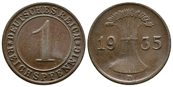 Германия 1 рейхспфенниг 1935 D KM 37, J. 313 бронза 220-121