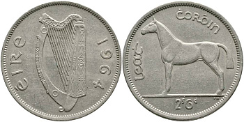 Ирландия 1/2 кроны = 2 шиллинга 6 пенсов 1964 лошадь KM 16а медно-никель 4531-912