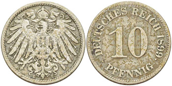 ГЕРМАНИЯ 10 ПФЕННИГОВ 1899 E KM 12, J. 13, Weege 8 медно-никель 261-1336