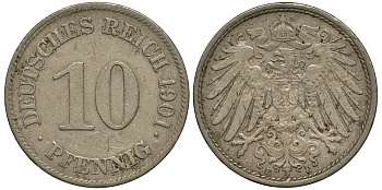 ГЕРМАНИЯ 10 ПФЕННИГОВ 1901 E KM 12, J. 13 медно-никель 413-5421