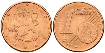 Финляндия 1 евроцент 1999  KM 98 сталь плакированная медью  UNC  4189-157
