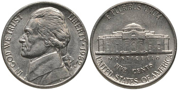 США 5 центов 1982 D, президент Джеферсон KM А192 медно-никель 181-115