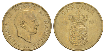 Дания 2 кроны 1957 C, Фредерик IX (1947-1972) KM 838 алюминиевая бронза 4653-1145