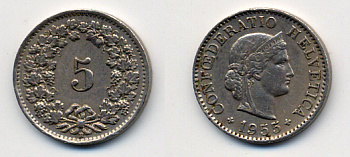 ШВЕЙЦАРИЯ 5 РАППЕНОВ 1955 KM 26 медно-никель 54-359