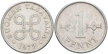 Финляндия 1 пенни 1972 KM 44а алюминий 4564-863