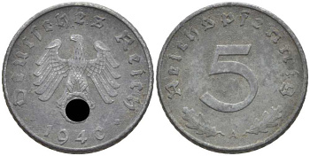 ГЕРМАНИЯ 5 РЕЙХСПФЕННИГОВ 1940 A KM 100, J. 370 цинк 105-235