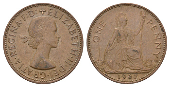 Великобритания 1 пенни 1967 Елизавета II (1952-2022) KM 897, Spink 4157 бронза 221-944