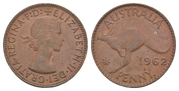 Австралия 1 пенни 1962 p, Елизавета II (1952-2022), кенгуру KM 56 бронза 82-1222