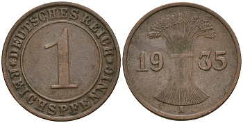 Германия 1 рейхспфенниг 1935 A KM 37, J. 313 бронза 4528-265