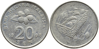 Малайзия 20 сенов 1998 цветок KM 52 медно-никель 4395-727