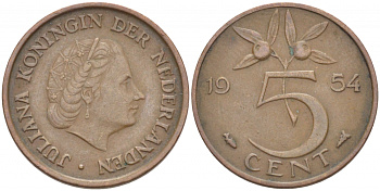 НИДЕРЛАНДЫ 5 ЦЕНТОВ 1954 ЮЛИАНА KM 181 бронза 214-768