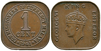 Британская Малайя 1 цент 1941 I, Георг VI (1937-1952) KM 2 бронза 4384-116