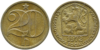 Чехословакия 20 геллеров 1972 KM 74 латунь 4392-152