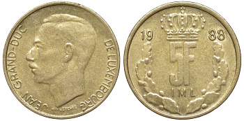 Люксембург 5 франков 1988 Герцог Жан (1964-1999) KM 60.1 медь алюминий никель 4143-153