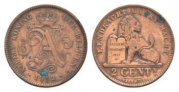 Бельгия 2 сантима 1912 Belgen, Альберт I (1909-1934) KM 65 медь 4615-814
