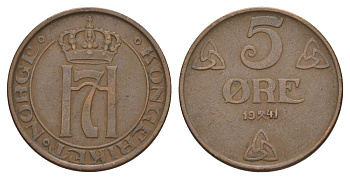 Норвегия 5 эре 1941 Хокон VII (1905-1957) KM 368 бронза 4635-534