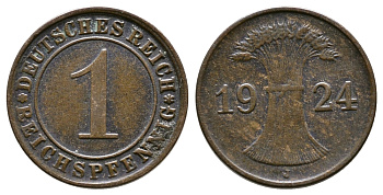 ГЕРМАНИЯ 1 РЕЙХСПФЕННИГ 1924 J KM 37, J.313 бронза 4380-1064