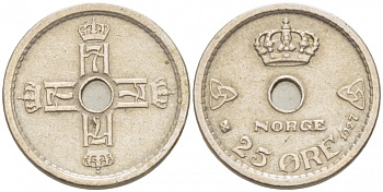 НОРВЕГИЯ 25 ЭРЕ 1927 ХОКОН VII (1905-1957) KM 384 медно-никель XF 3309-759