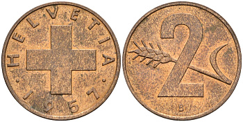 Швейцария 2 раппена 1957 В KM 47 бронза 4591-1132