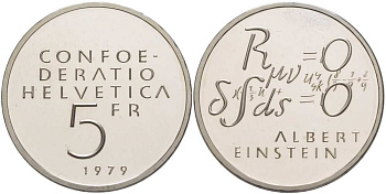 ШВЕЙЦАРИЯ 5 ФРАНКОВ 1979 100 ЛЕТ СО ДНЯ РОЖДЕНИЯ АЛЬБЕРТА ЭЙНШТЕЙНА, ФОРМУЛА KM 58 медно-никель PROOF 02-265-31