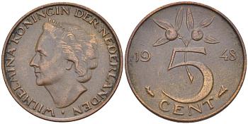 НИДЕРЛАНДЫ 5 ЦЕНТОВ 1948 ВИЛЬГЕЛЬМИНА (1890-1948) KM 176 бронза 76-553