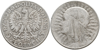 ПОЛЬША 5 ЗЛОТЫХ 1934 w, ЯДВИГА KM 21 серебро 441-441