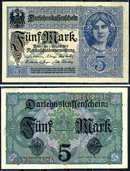 Германия 5 марок 1917 8 значный номер Pick 56 a бумага 8595-24-3-1