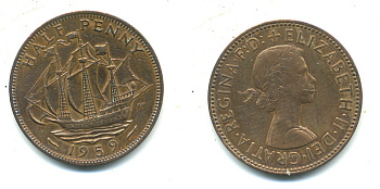 Великобритания 1/2 пенни 1959 Елизавета II (1952-2022) KM 896, Spink 4158 бронза 59-823