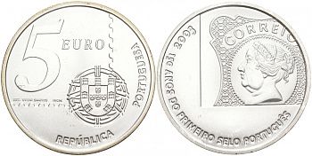 Португалия 5 евро 2003 150 летие первой Португальской марке KM 749 серебро UNC 1074-10-12