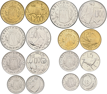 Сан-Марино годовой набор из 8 монет 1981 1, 2, 5, 10, 20, 50, 100 и 200 лир KM 116-123 UNC 3-6-4-62