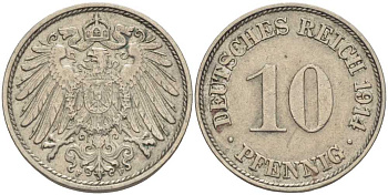 ГЕРМАНИЯ 10 ПФЕННИГОВ 1914 F KM 12, J. 13 медно-никель 33-1136