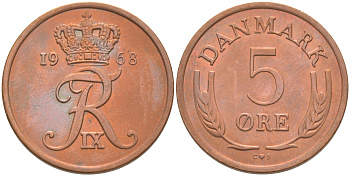 ДАНИЯ 5 ЭРЕ 1968 C; S, ФРЕДЕРИК IX (1947-1972) KM 848.1 бронза UNC 106-217