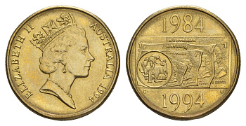 Австралия 1 доллар 1994 10 лет выпуску монет 1 доллар KM 258 алюминиевая бронза BU 4646-553