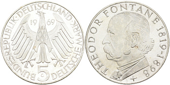 ФРГ 5 марок 1969 G, 150 лет со дня рождения Теодора Фонтана J. 399, KM 125.1 серебро 4117-234