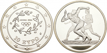 Греция 10 евро 2003 XXVIII летние Олимпийские игры 2004 года в Афинах, легкая атлетика, бег KM 190 серебро PROOF 02-015-25