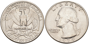 США 25 ЦЕНТОВ = КВОТЕР 1979 P, ВАШИНГТОН KM A164a медь плакированная медно-никелем 4114-821