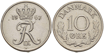 Дания 10 эре 1967 C; S, Фредерик IX (1947-1972) KM 849.1 медно-никель 66-414