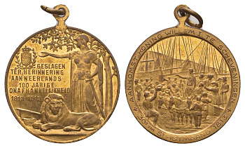 Нидерланды медаль "100-летия независимости Нидерландов 1813–1913" 1913 Прибытие короля Виллема I в Схевенинген, диаметр 29 мм, вес 9 гр бронза UNC 4044-1145