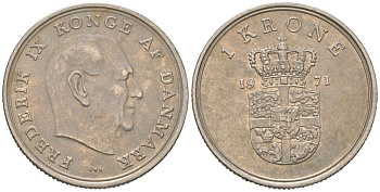Дания 1 крона 1971 C; S, Фредерик IX (1947-1972) KM 851 медно-никель aUNC 216-114